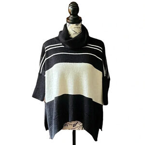 Aqua womens poncho sweater striped nautical preppy coastal beach boho hippie XS